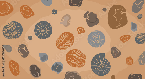 Detailed illustration of prehistoric fossils including trilobites and ammonites scattered across a layered sediment background in earthy tones.