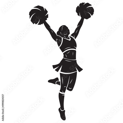 Black silhouette of a female cheerleader jumping with pom-poms vector illustration for sports team spirit
