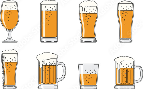 Beer glass vector set with different mug and pint styles, frothy lager drinks collection, detailed beverage illustration isolated on white background