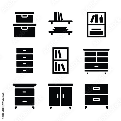 Black silhouettes of various furniture items including cabinets and drawers