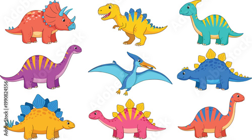 Cute dinosaur vector set with colorful cartoon prehistoric animals, playful dino characters collection for kids illustration isolated on white background
