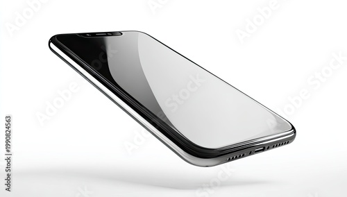 Sleek, modern smartphone with a large, reflective display, floating against a white background