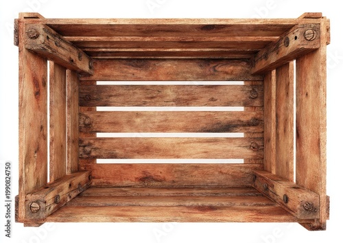 Empty rustic wooden crate interior, weathered planks, visible fasteners