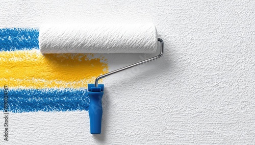 Roller applying blue and yellow stripes onto textured white wall