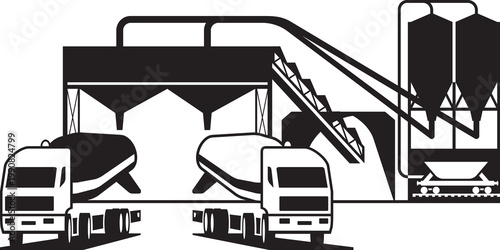 Concrete mixer trucks loading material in the plant – vector illustration