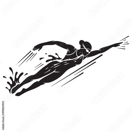 Dynamic female swimmer silhouette vector illustration showing freestyle stroke and water splashes for athletic concepts