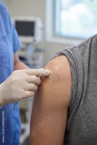 Healthcare Worker Applying Adhesive Bandage After Injection, Close Up Shoulder Care in Clean Clinical Setting, Medical Photography, Low Cuisine