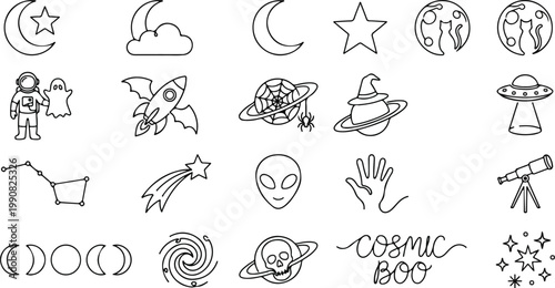 Cosmic Halloween line icon set featuring astronaut, alien, rocket with bat wings, spooky planets, and celestial occult symbols in a minimalist style.