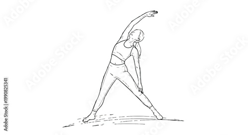 Person performing a side stretch yoga pose with one arm raised towards the ceiling