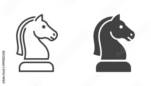 Chess knight horse head icon set in outline and solid black style for strategy games and board game design elements isolated on white background for intelligence and gaming project visuals