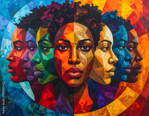 Diverse Minds: Abstract faces geometric style merging composition diverse ethnic woman calm expression colorful artistic illustration painting artwork