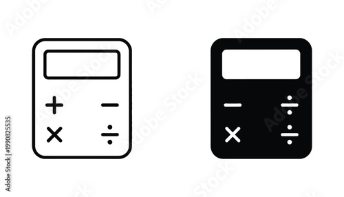Modern calculator icon featuring basic arithmetic operators in both outline and solid black styles for business math tools