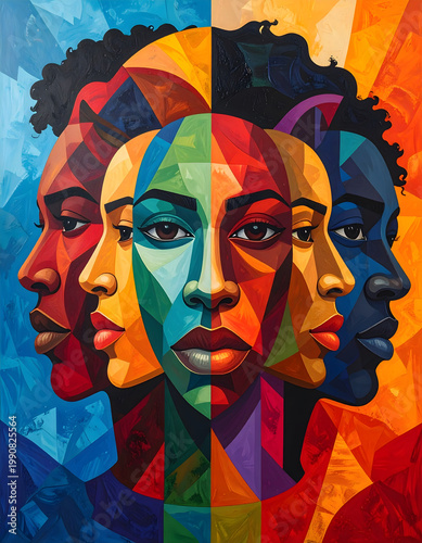 Diverse Minds: Abstract face geometric style diverse humanity portrait express thoughtful emotion with colorful artistic composition blending culture blend