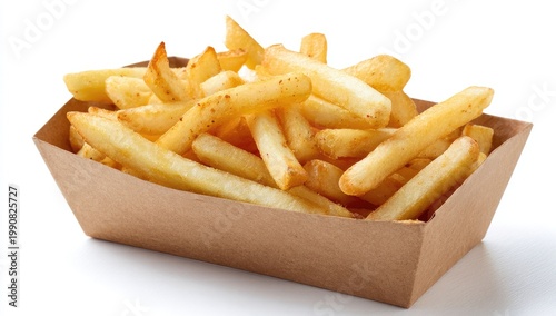 Golden brown, seasoned potato strips piled high in a cardboard tray