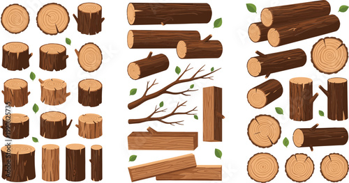 Wood log and tree trunk vector set with branches, cut slices and timber pieces, natural forestry elements collection isolated on white background