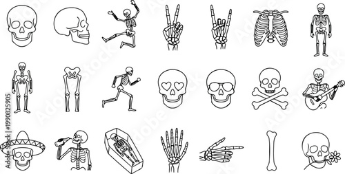 Funny skeleton and skull line icon set featuring dancing skeletons, skull with sunglasses, rib cage, skeleton hands making gestures, and spooky gothic symbols in a minimalist style.