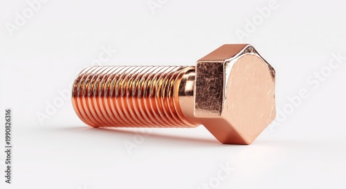 Gleaming copper hex bolt with detailed threads, isolated on a clean white background