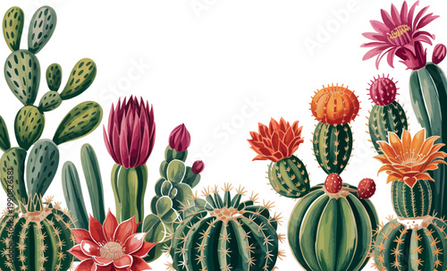 Colorful cactus plants with flowers on transparent background