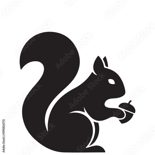 Minimalist black squirrel silhouette holding an acorn vector illustration for nature and wildlife branding