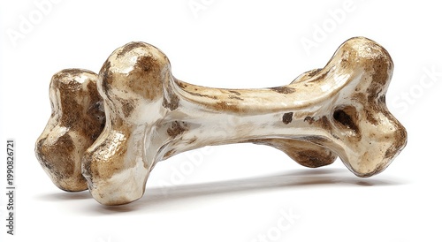 A ceramic dog chew toy shaped like a bone with realistic brown markings