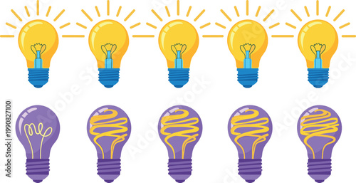 Set of glowing light bulb icons and purple creative idea lamps representing brainstorming innovation and electricity solutions vector illustration.