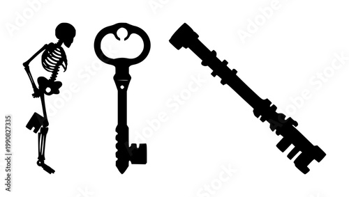 Skeleton key set with black silhouette on white background featuring key, lock, antique, silhouette, iron with craftsmanship and design