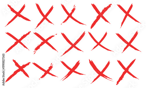 Hand drawn brush stroke red cross X mark set. Paintbrush textured cross, ban, refusal. Strikethrough text and important objects. Stock vector illustration isolated on white background.