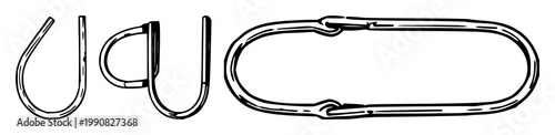 Paperclip set with black and white line art design featuring office supplies, stationary, fastening tools with metallic and illustrative detail and vector graphics
