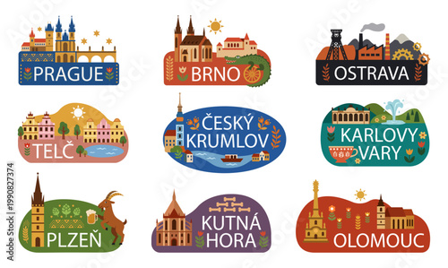 Czech cities folk sticker set. Flat travel landmark vector collection