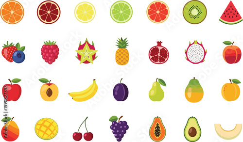 Collection of colorful fresh fruits arranged in a grid on white background