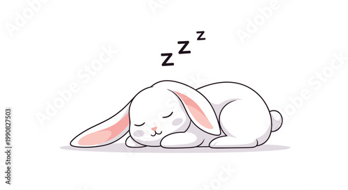 Adorable white bunny rabbit with pink ears sleeps peacefully on a white background in a simple and charming minimalist illustration.