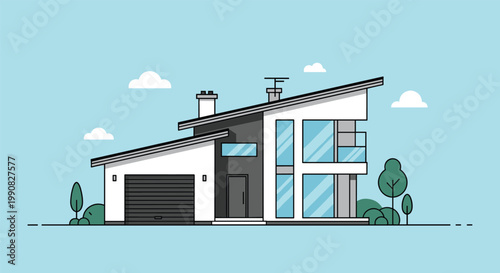 Beautiful contemporary two story house features minimalist architecture, a spacious garage, and a neatly landscaped yard under a clear blue sky.