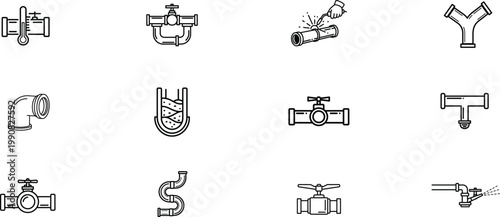 Industrial pipe fittings and valves black and white icons