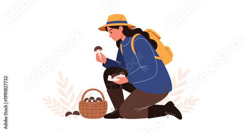 Young woman wearing a sun hat and yellow backpack kneels in nature to gather fresh wild mushrooms into a traditional rustic wicker basket.