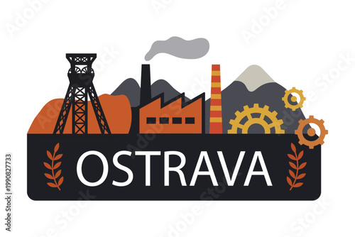 Ostrava industrial city sticker. Czech travel flat vector badge