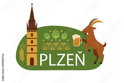 Plzeň beer city sticker. Czech brewery folk flat vector