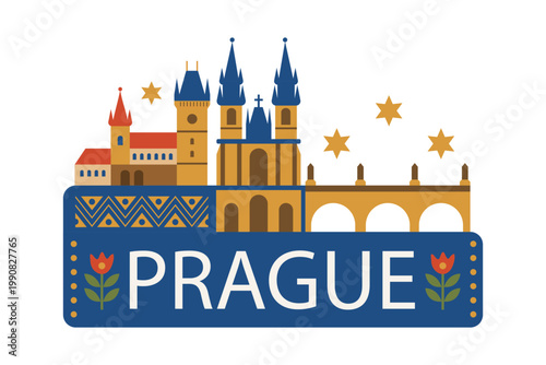 Prague folk city sticker. Czech travel landmark flat vector