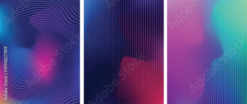 A triptych of abstract digital art featuring vibrant gradients of purple blue and neon pink hues