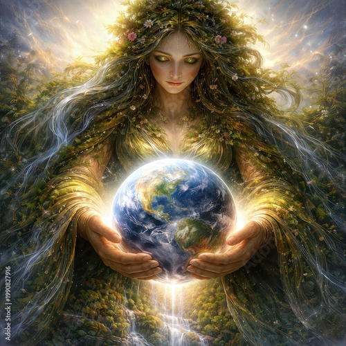 A mythical Gaia figure with hair of cascading leaves, gracefully holding the Earth as the rivers transform into waterfalls onto her lap 