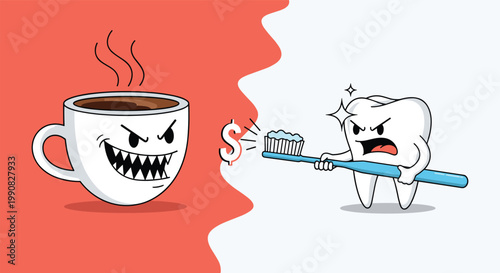 Cartoon battle between an angry cup of coffee and a defensive tooth holding a toothbrush representing oral hygiene.