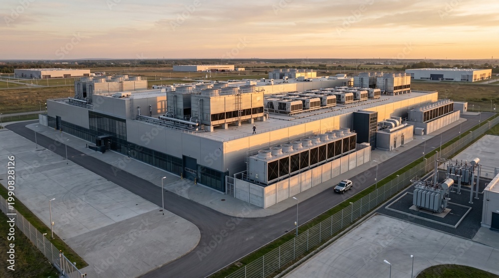 Fototapeta premium Sprawling exterior of a hyperscale data center facility emphasizing massive cooling infrastructure.