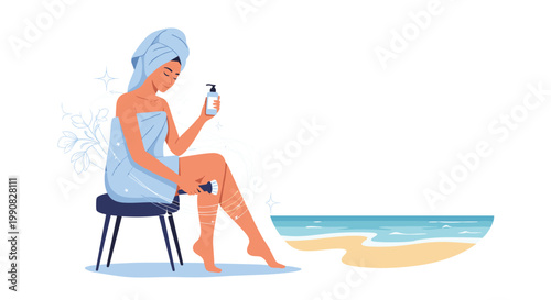 Young woman sitting on a stool and using a brush to exfoliate her legs on a sunny beach representing skincare and self care.
