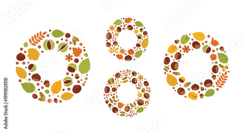 Decorative autumn wreaths composed of various fall leaves, acorns, chestnuts, and berries representing the seasonal harvest.