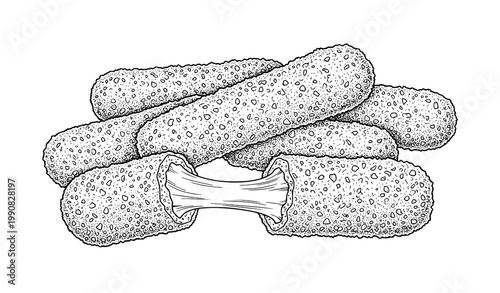 Mozzarella sticks line art vector illustration with cheesy center on white background