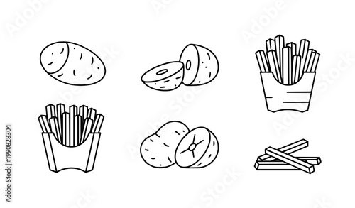 Modern potatoes and french fries line art vector icon design on white
