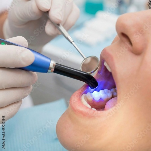 Professional dentist using a UV curing light on a patient tooth during a dental procedure in a clinic.