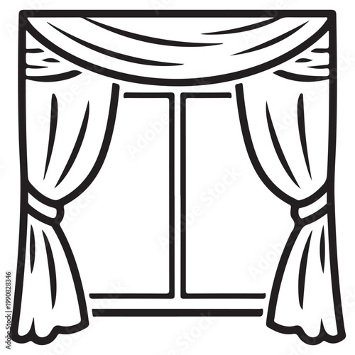 Window with curtains and valance line art vector illustration for coloring page or interior design icon