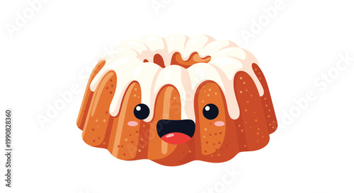 Adorable cartoon bundt cake with white glaze and a happy smiling face representing delicious sweet treats and baked goods.
