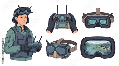 Military drone pilot, FPV controller, and flight goggles set: flat vector technology illustrations
