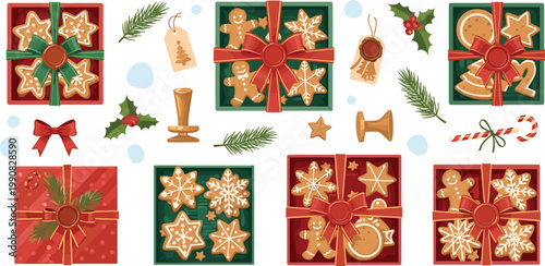 Christmas Gingerbread Cookie Gift Box Set with Ribbon, Holly, Candy Cane, Pine, and Festive Packaging for Holiday and Xmas Designs